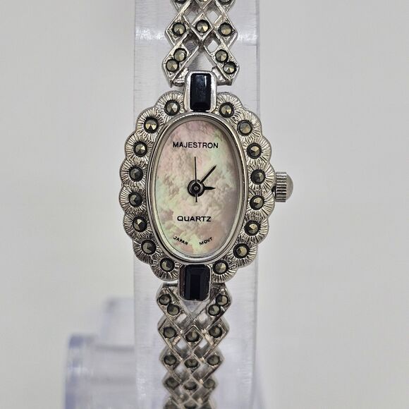 VTG Majestron Watch Women 18mm Marcasite MOP Oval Dial 7" New Battery - Picture 1 of 12
